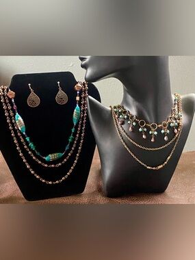 Turquoise, mauve & Gold Beaded Multi-Strand Necklace Set